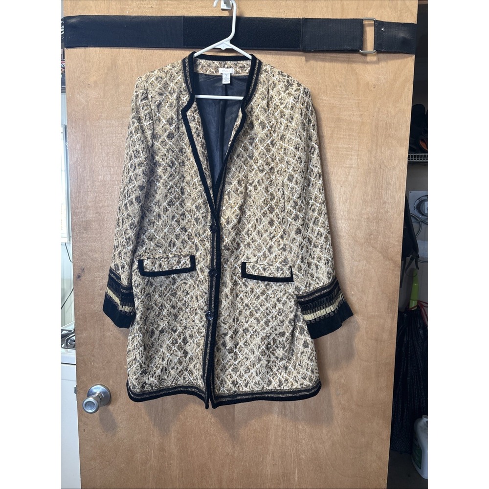 Chico's Sz 2 Blazer Ivory Black Velvet Metal Trim XL Long Jacket Coat‎